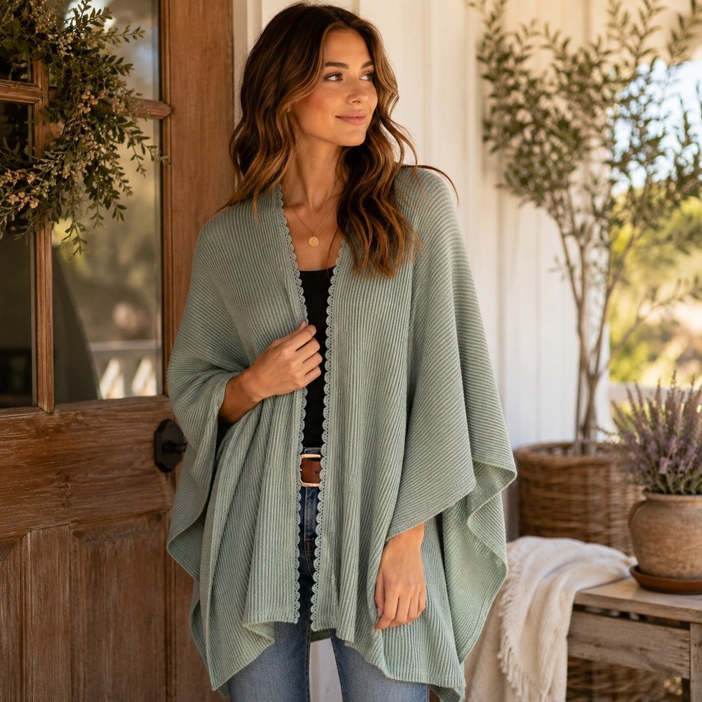 Three Bird Nest Lace Trim Ribbed Knit‎ Poncho Sz M Sage Green Open Front Shawl